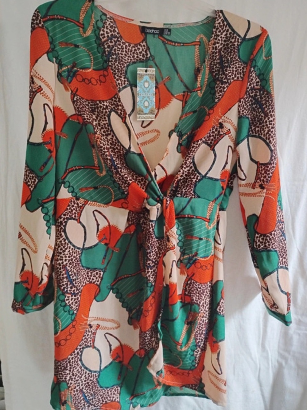 Boohoo Green, Orange & Cream Abstract Tie-Front mini dress